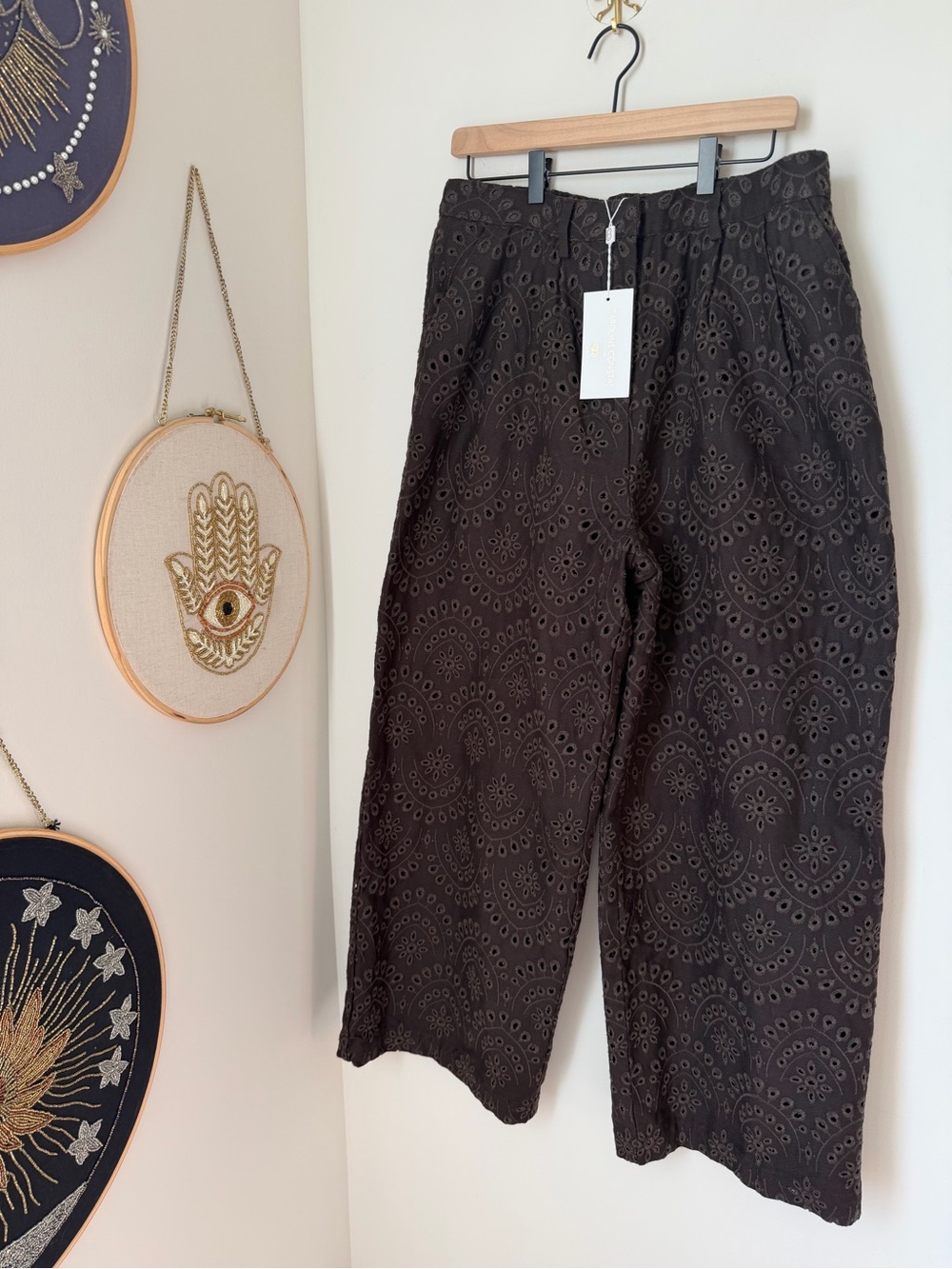 Caroline Constas Brown Embroidered eyelet Straight-Leg cotton Pants